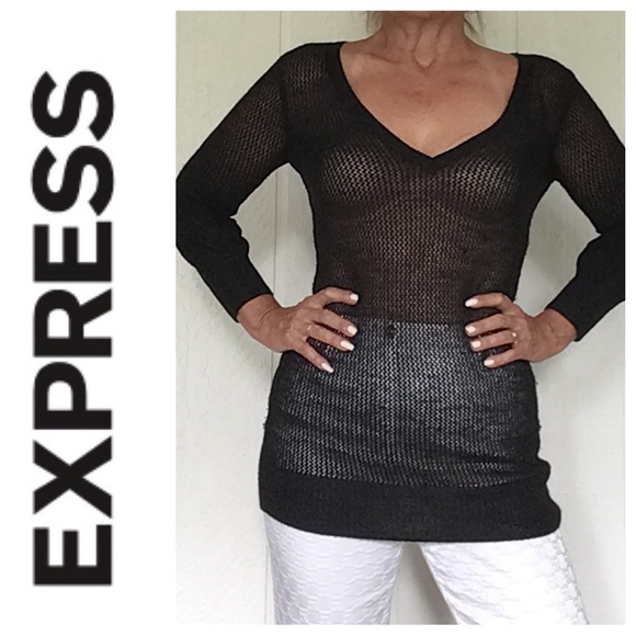EXPRESS BLACK HONEYCOMB LONG V NECK SWEATER MEDIUM - Picture 1 of 11